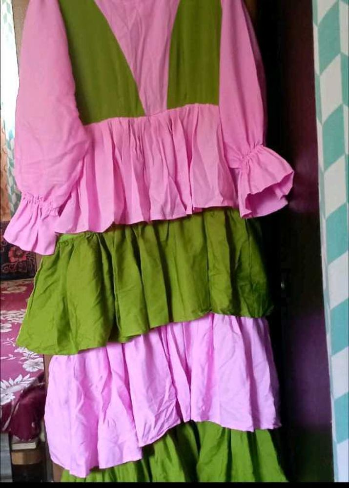 Tiered Pink &amp; Green Dress With Nakab