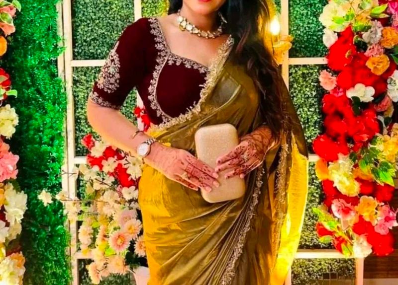 Pintresty Red Blouse With Golden Saree