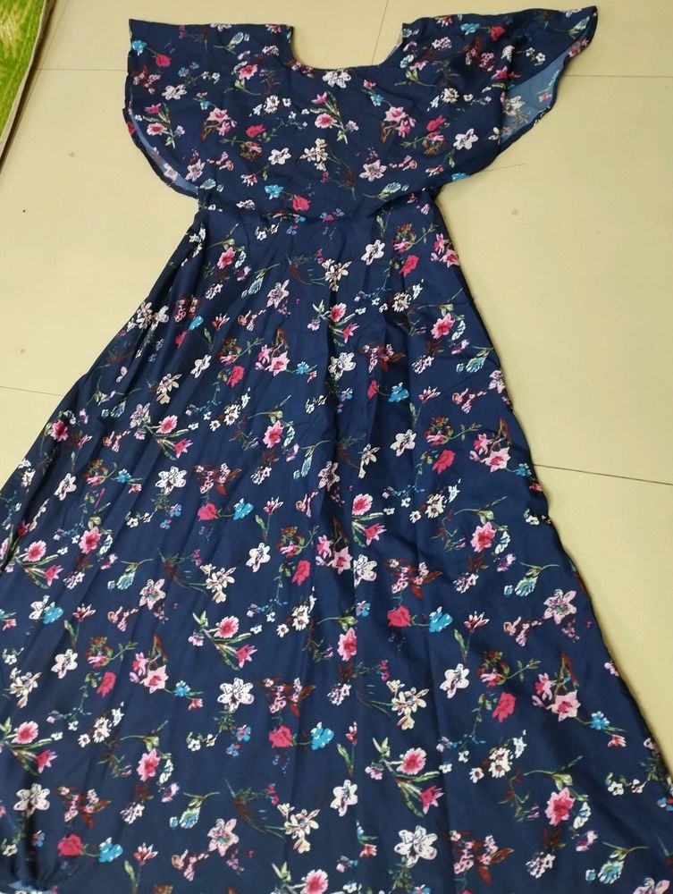 Blue Dress With Pink Flowery Design For Women