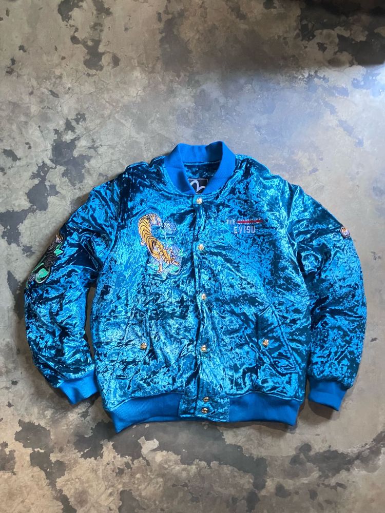 Evisu Blue Velvet Bomber Jacket