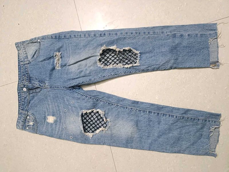 Ripped Distressed Fishnet Boyfriend Jeans