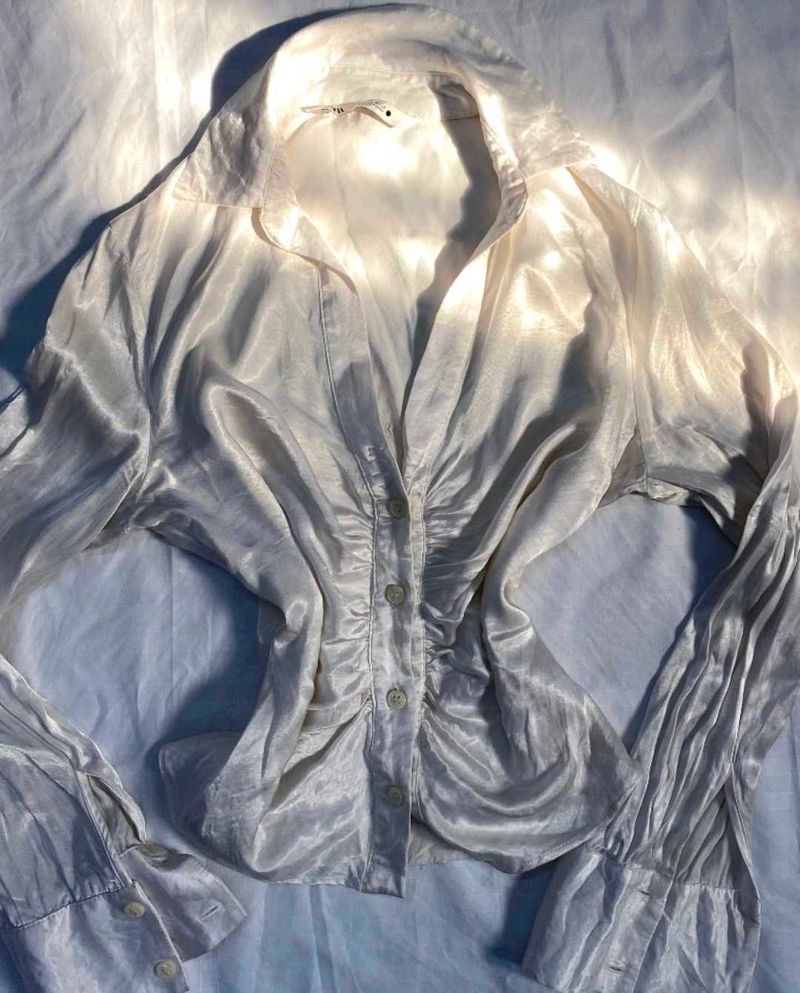 Satin White Ruched Button-Up Top
