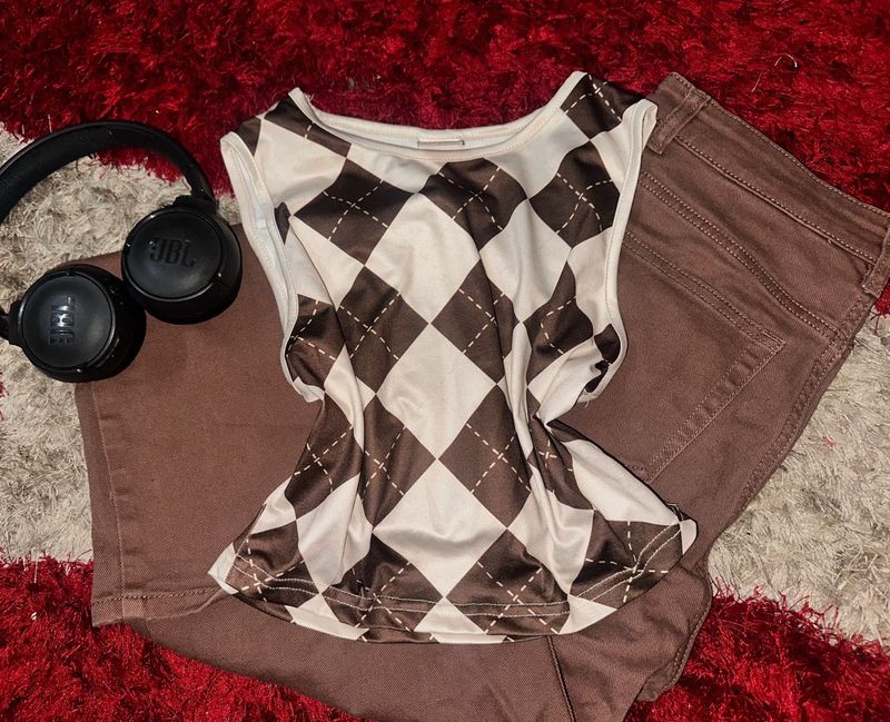 y2k print pinteresty brown and creme crop top