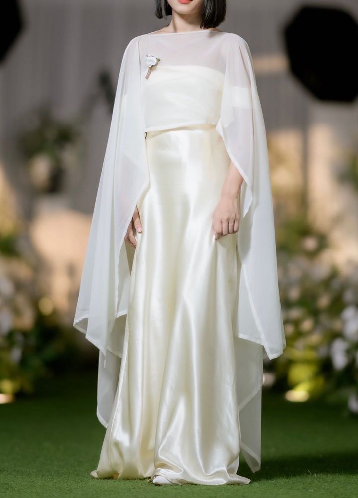 SATIN OFF SHOULDER GOWN WITH CHIFFON CAPE