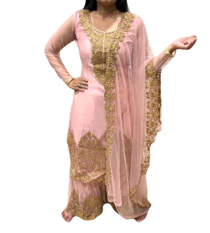 Elegant Pink &amp; Gold Kurta Sharara With Dupatta