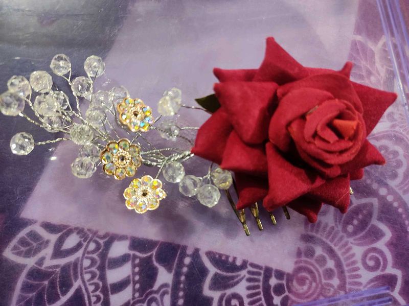 Red Rose &amp; Crystal Hair Clip