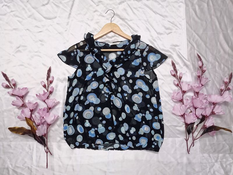 Frilled Neck Bubble Printed See-through top