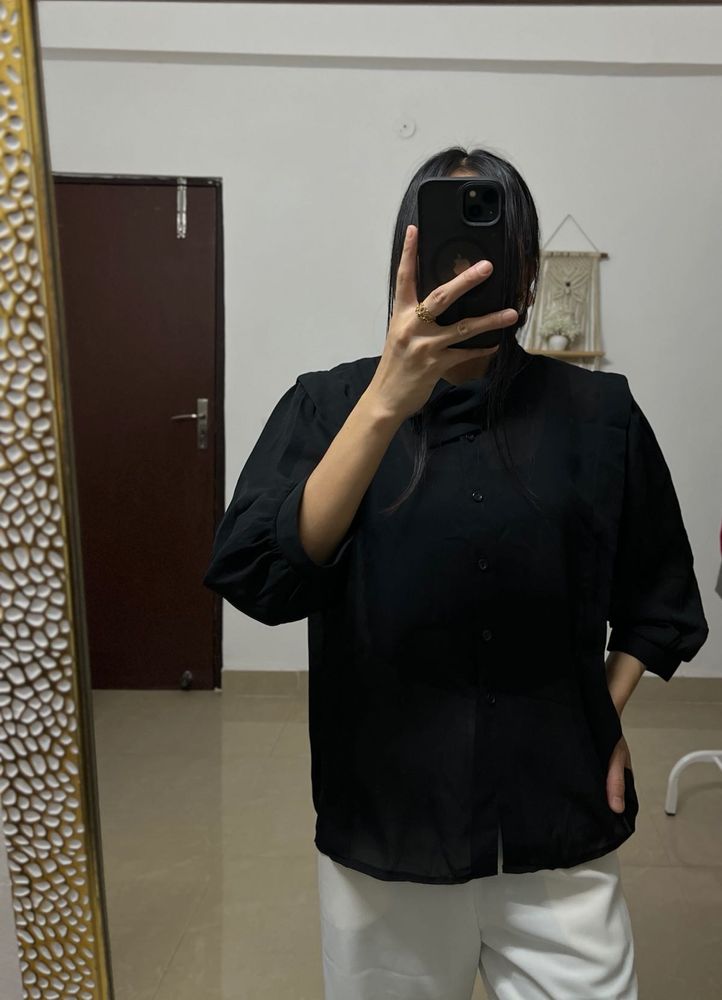 Black Sheer Cowl Neck Style Chiffon TOP