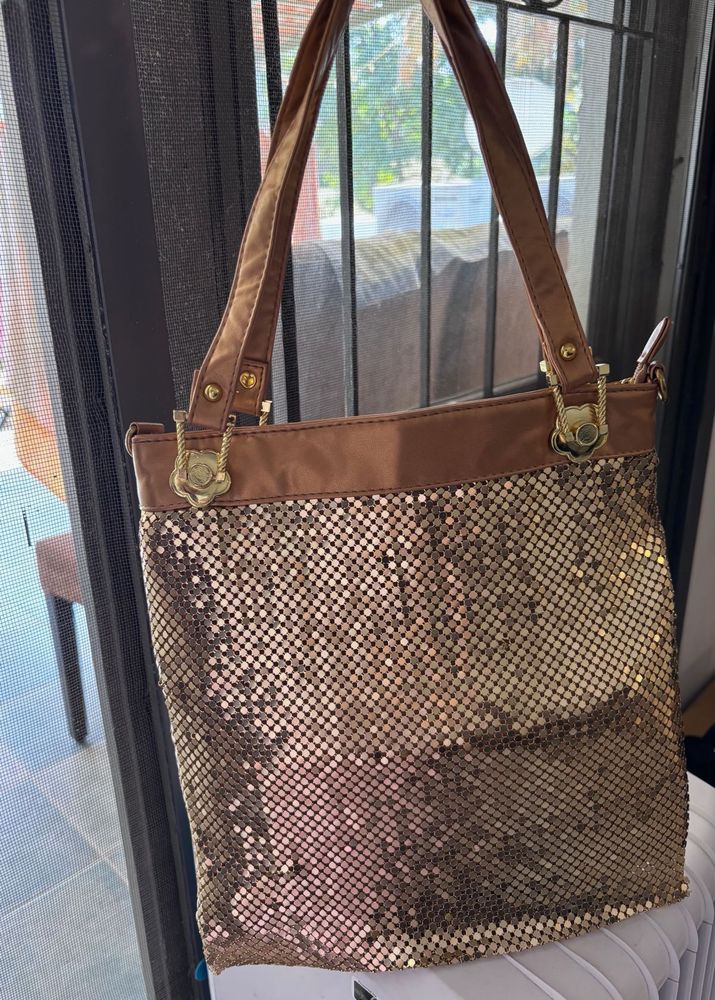 Metallic Mesh Gold Tote Bag