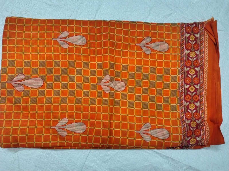 Orange Checkered Cotton Saree