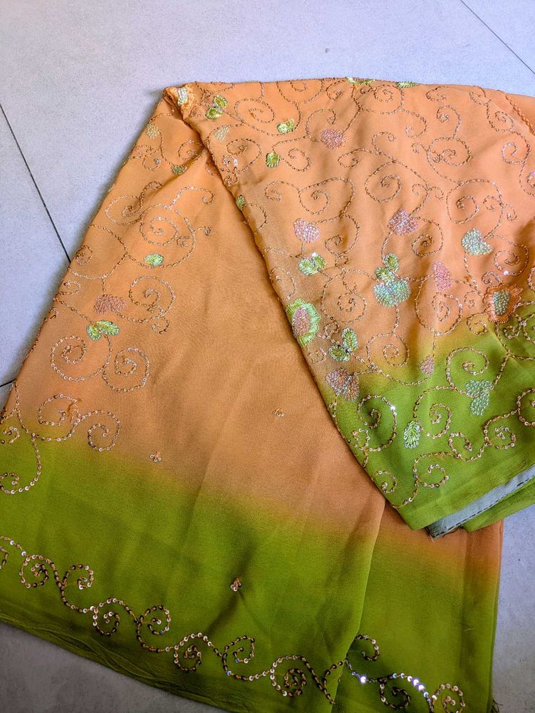Coral And Light Green Designer Saree