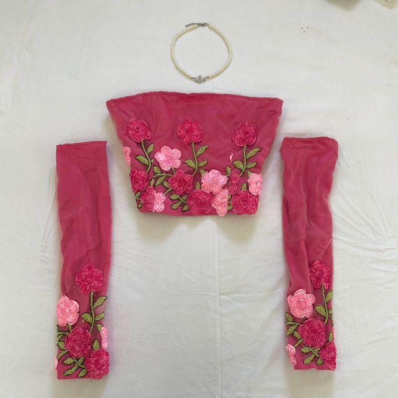 3D Rose Satin Corset Tube Top with Net Gloves