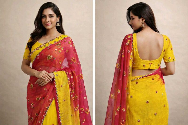Elegant pink  &amp; Yellow Floral Saree with blouse (3