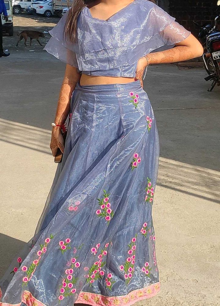 Blue Embroidered Crop Top and Skirt Set
