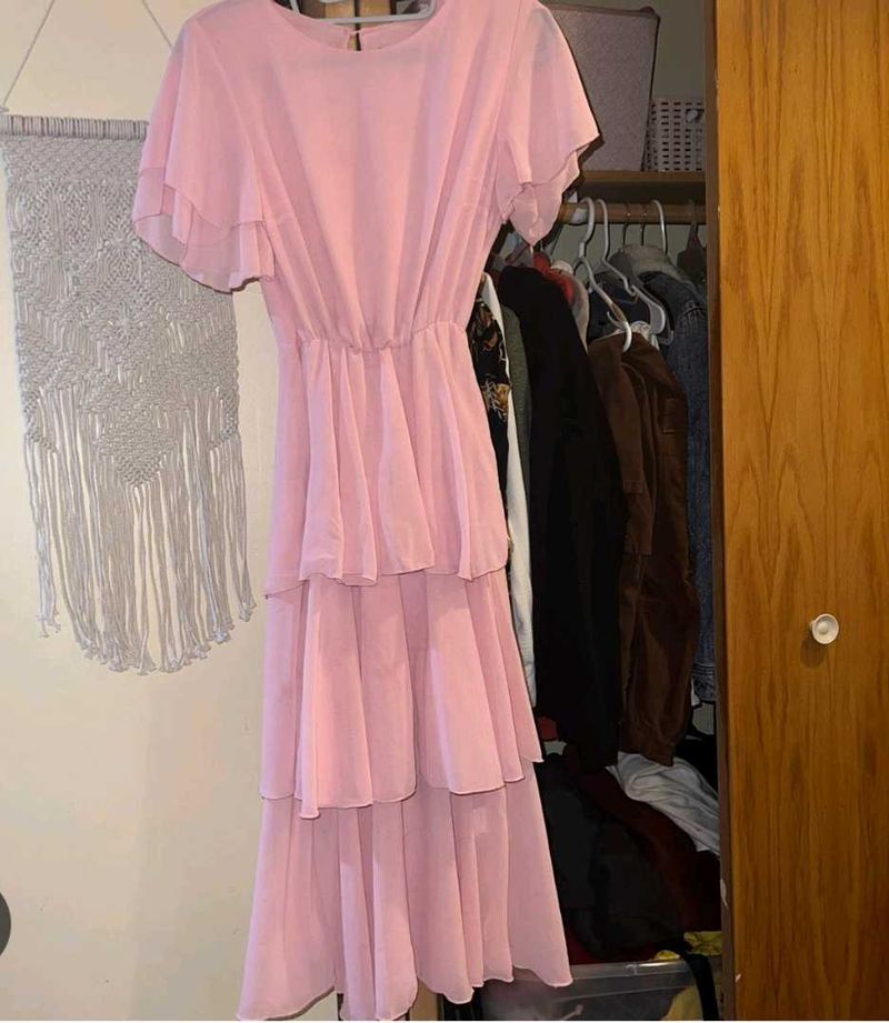 Pink Ruffled Tiered Midi Dress
