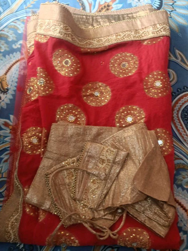 Red &amp; Gold Embellished Saree