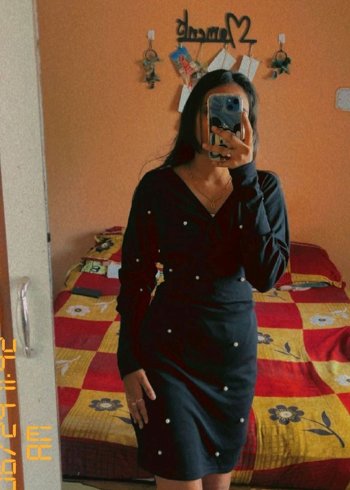 Black Pearl Embellished Mini Dress