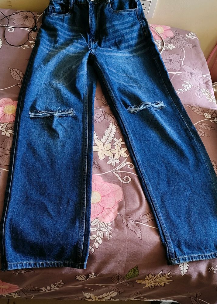 High Waist Wide Leg Straight Fit Torn Jeans(Stone Blue Colour)