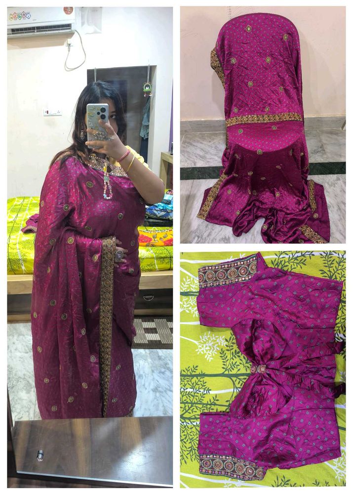 Megenta rajasthani tie-dye saree with bow blouse