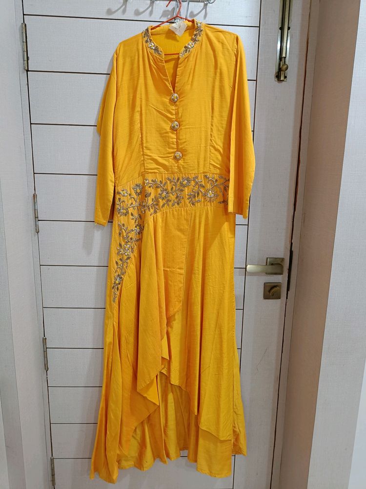 Yellow Embroidered Asymmetrical Kurti