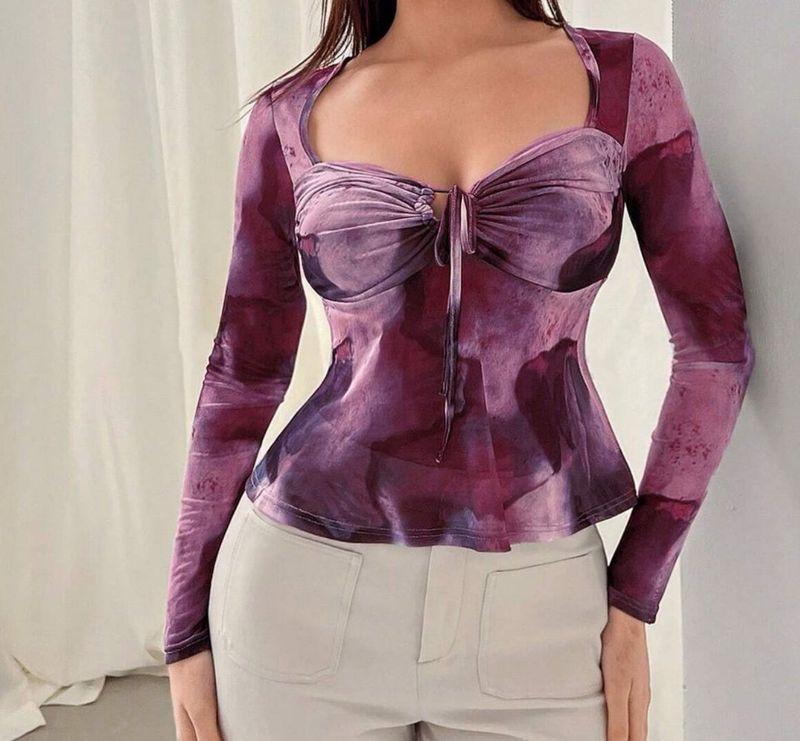 Purple Print Mesh Long Sleeve Top