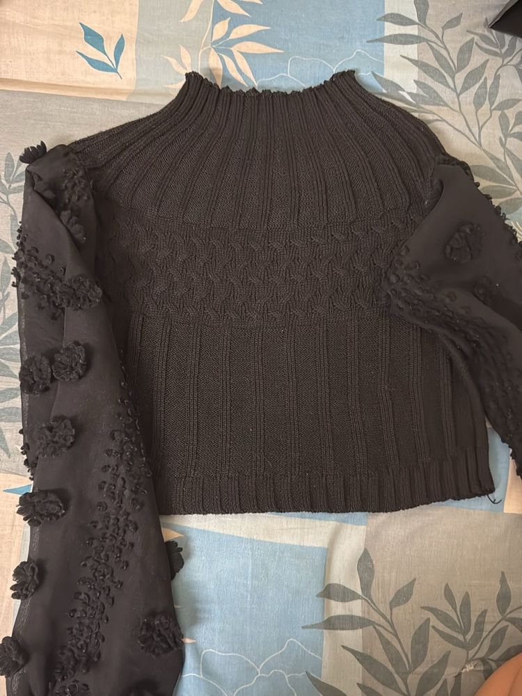 Black Woolen Top With Georgette Fancy Sleeves