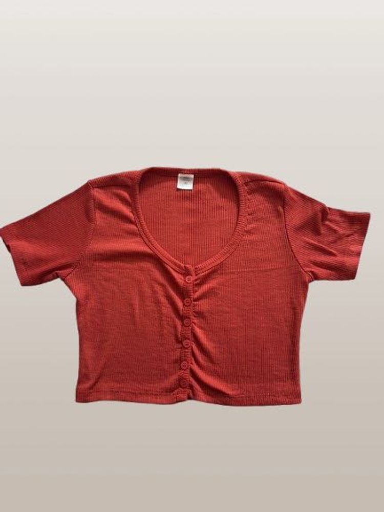Rust Ribbed Button-Down Crop Top