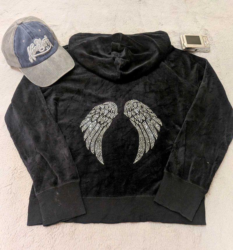 Y2K Pink rose Velvet Angel Wing Hoodie