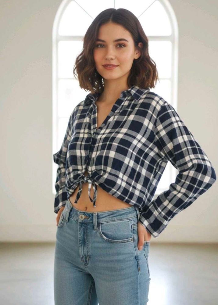 Cute Plaid Tie-Front Top