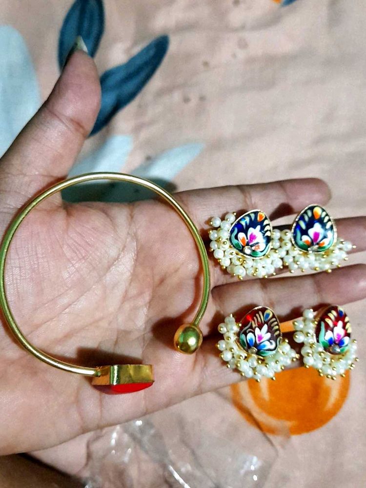 Combo of coral bangle and tanjore earrings
