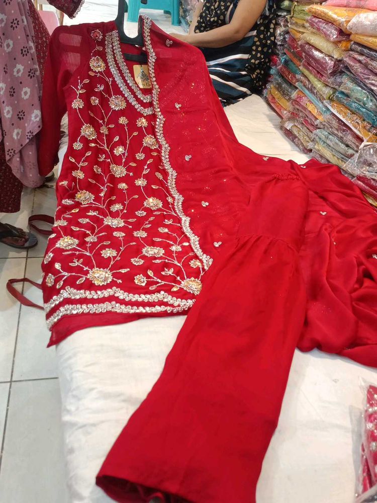 Red Embroidered Sharara Dress