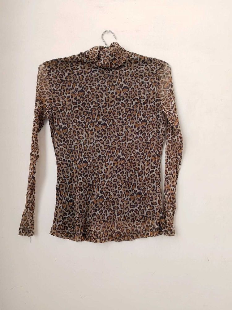 leopard print turtle neck mesh top.