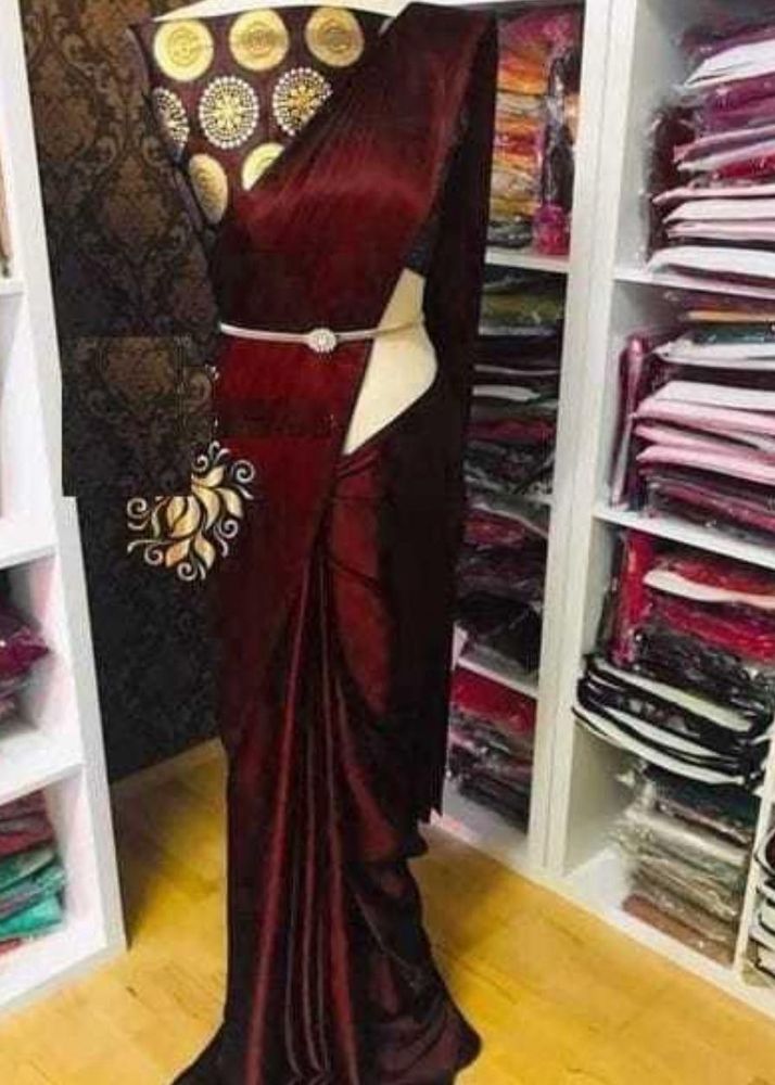 Elegant Maroon Satin Saree With Readymade Blouse