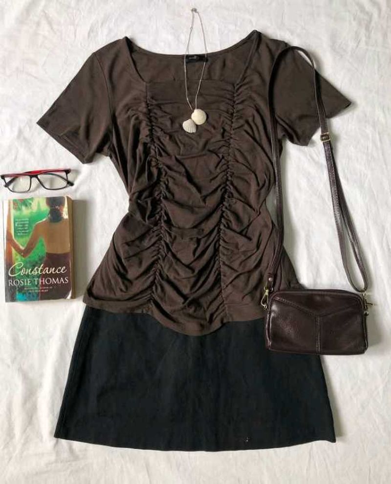 Brown Ruched Top &amp; Skirt Set