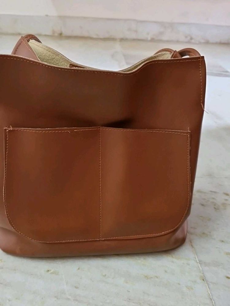 Brown Faux Leather Tote Bag