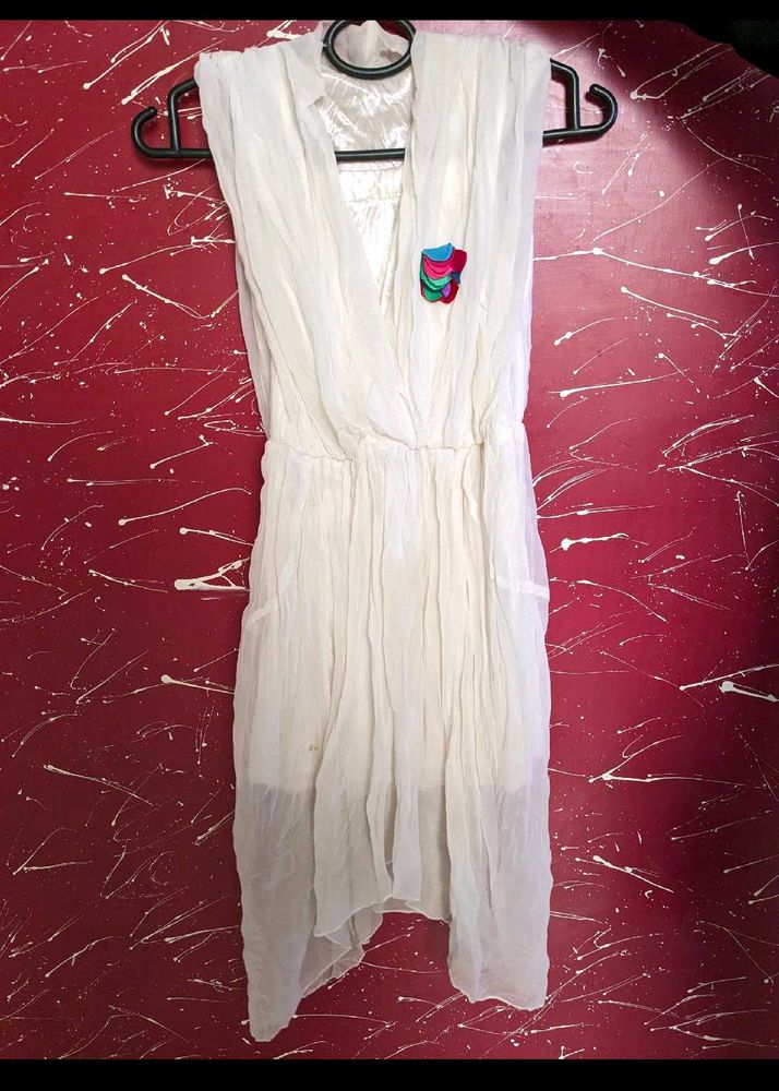 White Flared With Rainbow Broch Dress