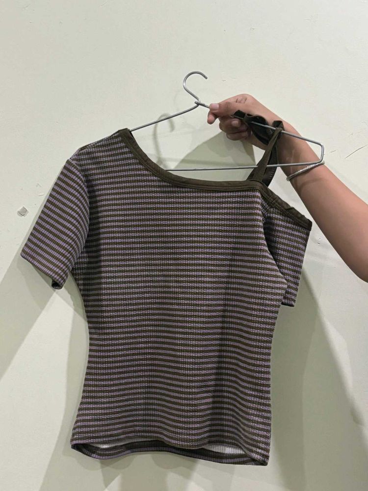 Brown &amp; Lavender Striped Off-Shoulder Top