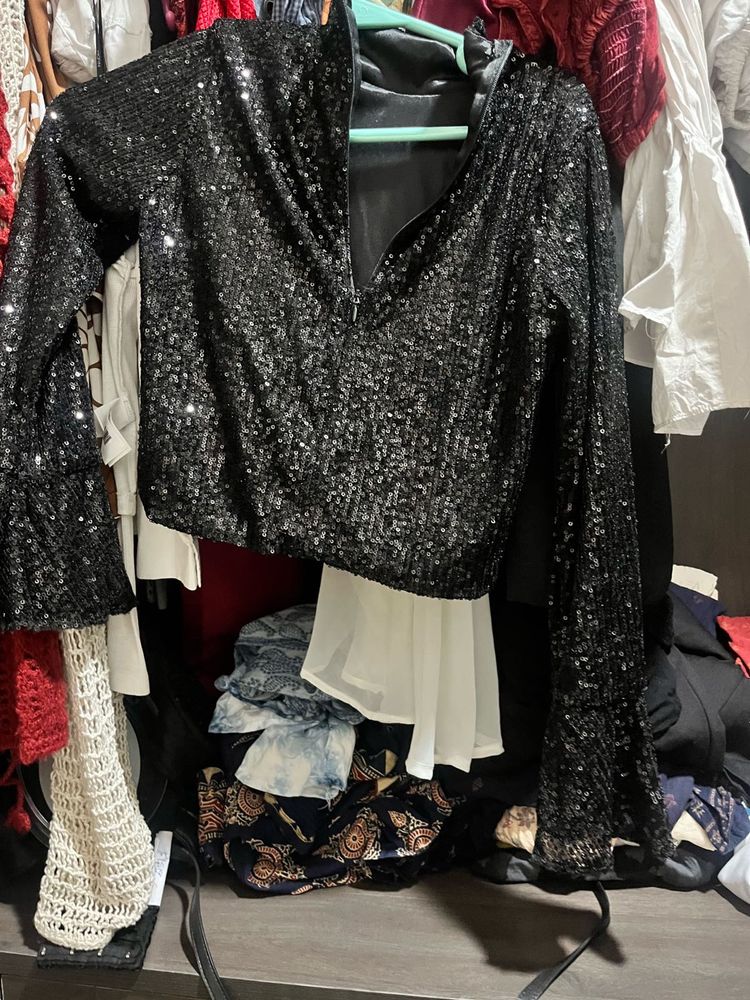 Black Sequin Cropped Blouse
