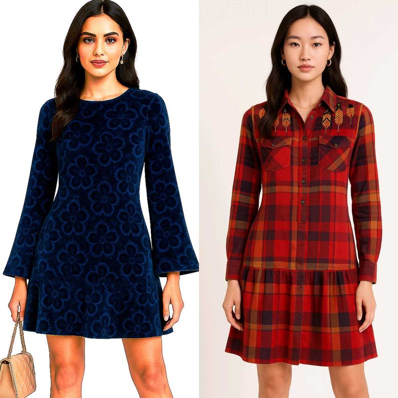 Velvet With Korean Plaid Embroidered Mini Dress