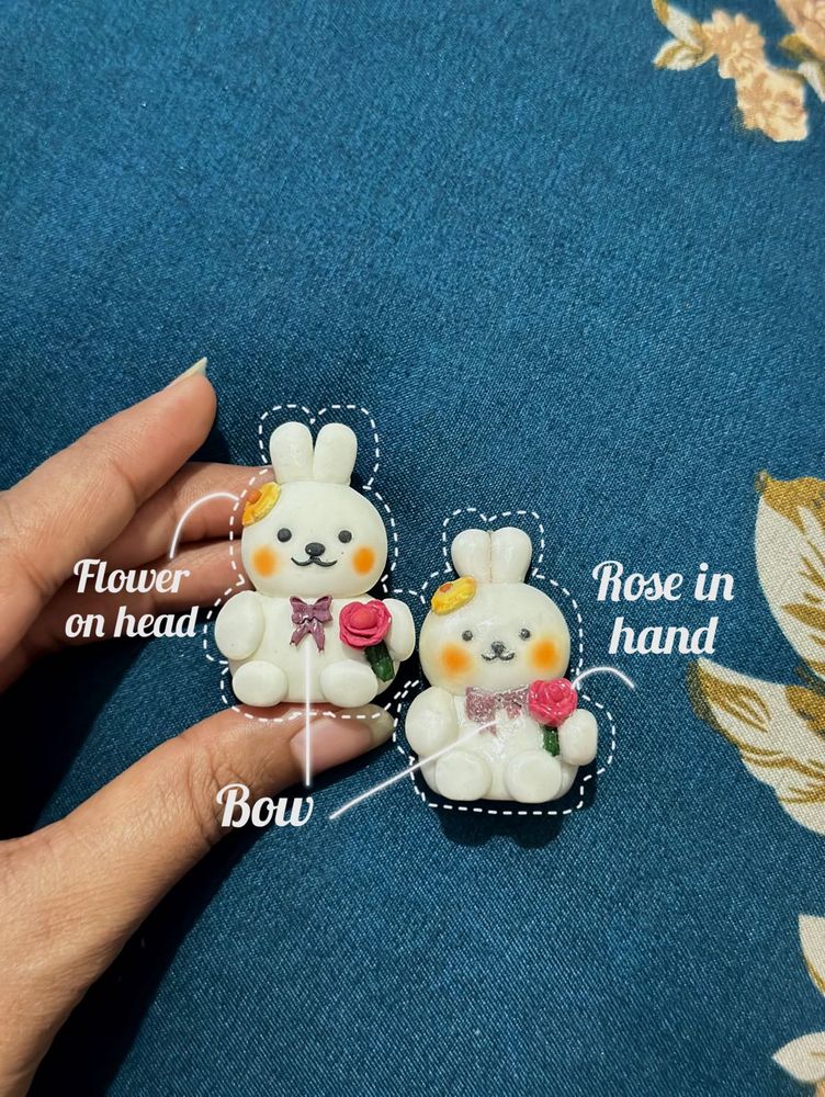 Kawaii Bunny Figurine with Rose Flower