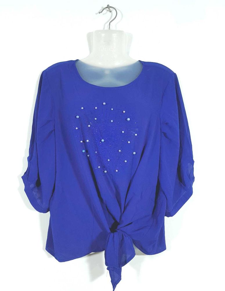 Blue Pearl Embellished Tie-Front Top
