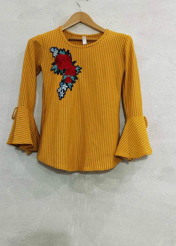 Striped Floral Embroidered Bell Sleeve Top