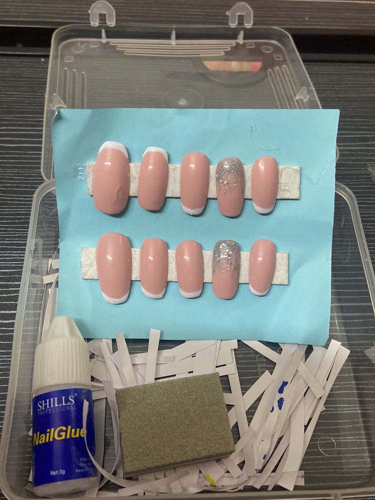 French Nude Fake Nails With Glue &amp; Buffer