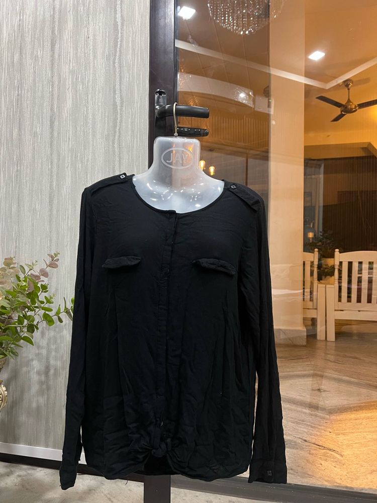 Black Tie-Front Long Sleeve Top