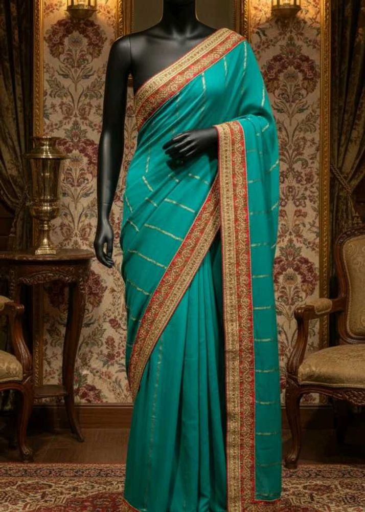 Teal &amp; Gold Embroidered Saree
