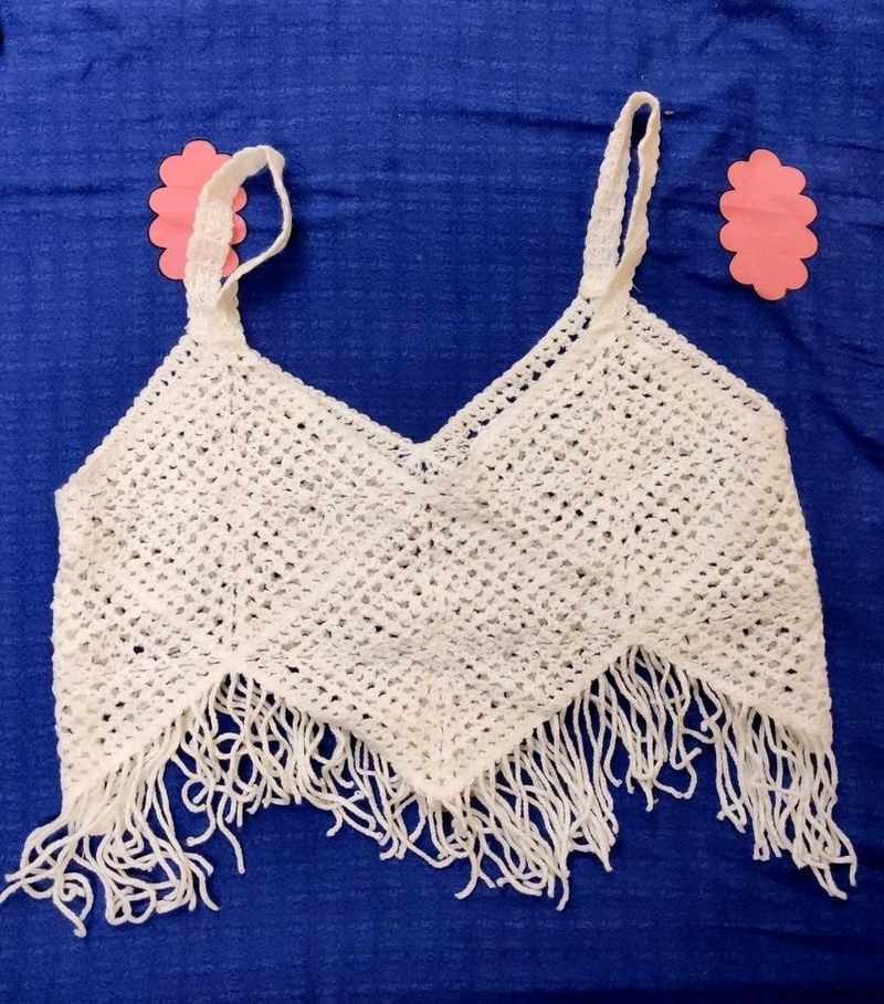 White Crochet Fringe Crop Top