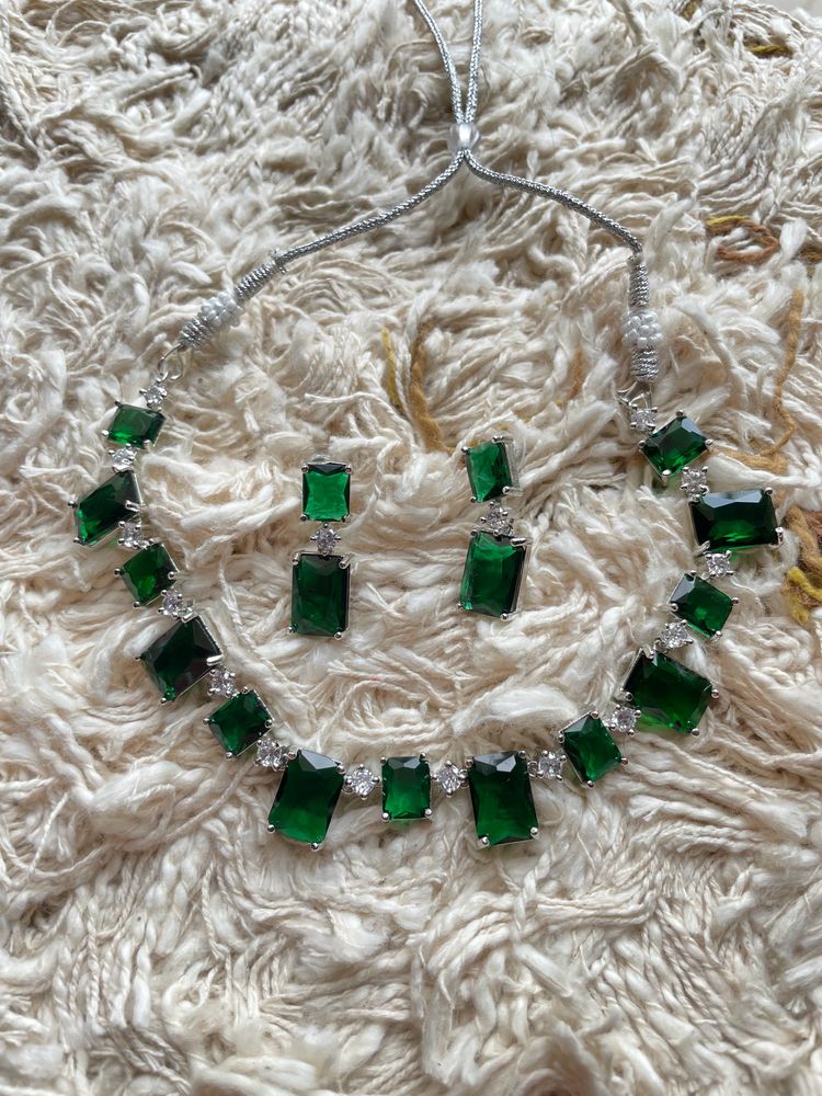 Square Cut Diva Emerald Green AD Necklace