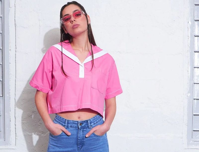 Pink Shawl collar pure cotton Top