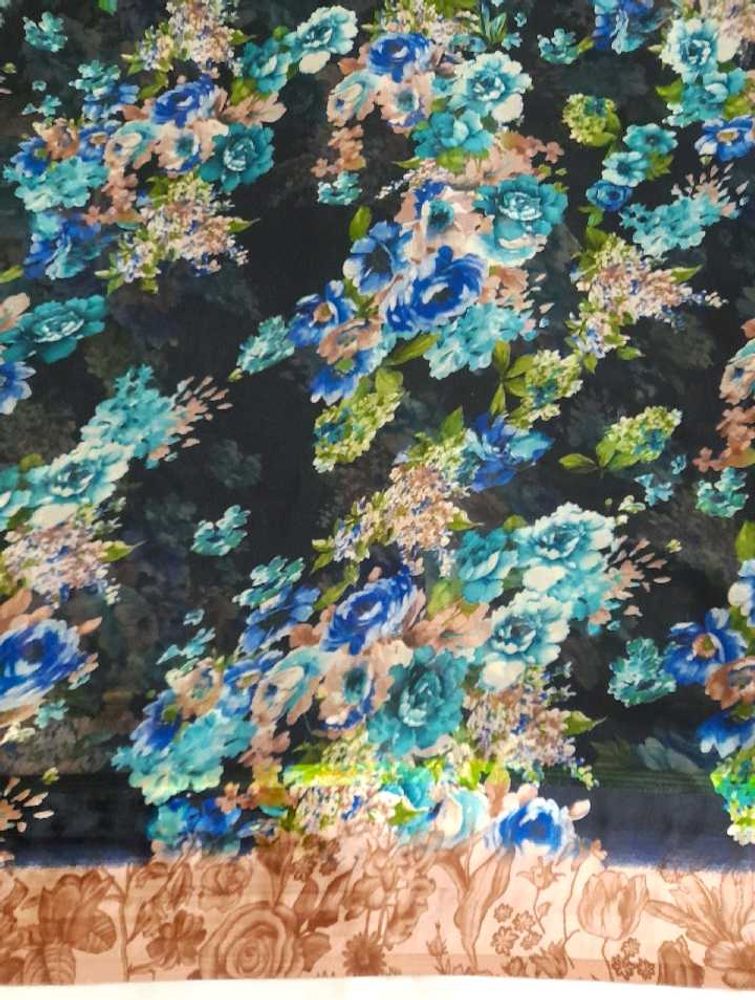 Dark Navy Blue Floral Printed Silky Border Saree