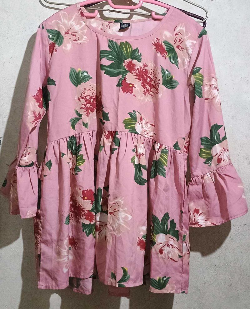 Pink Floral Print Ruffle Sleeve Top